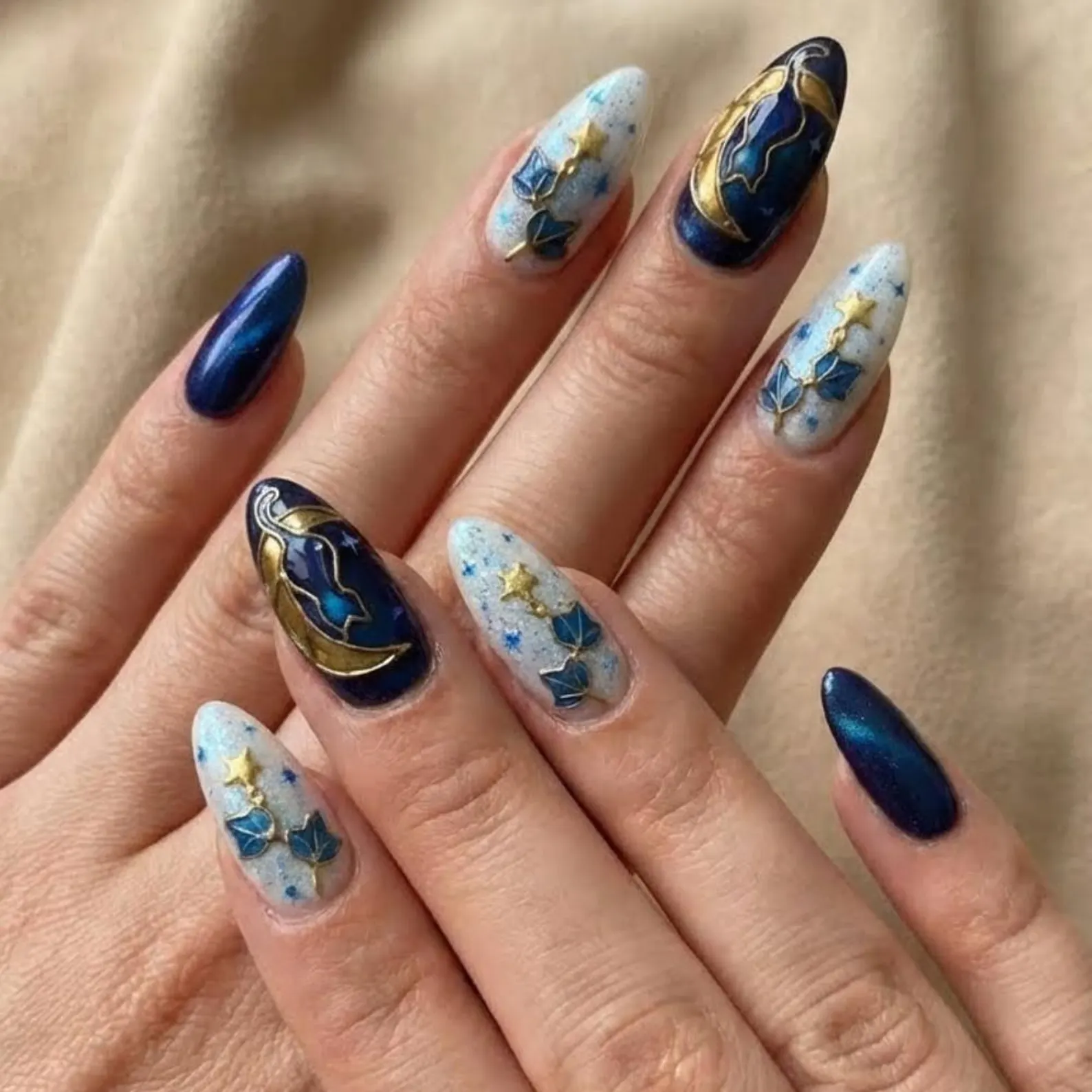 Midnight Cat Moon Press On Nails, 3D Gold Stars, Stained Glass Art - Media 2