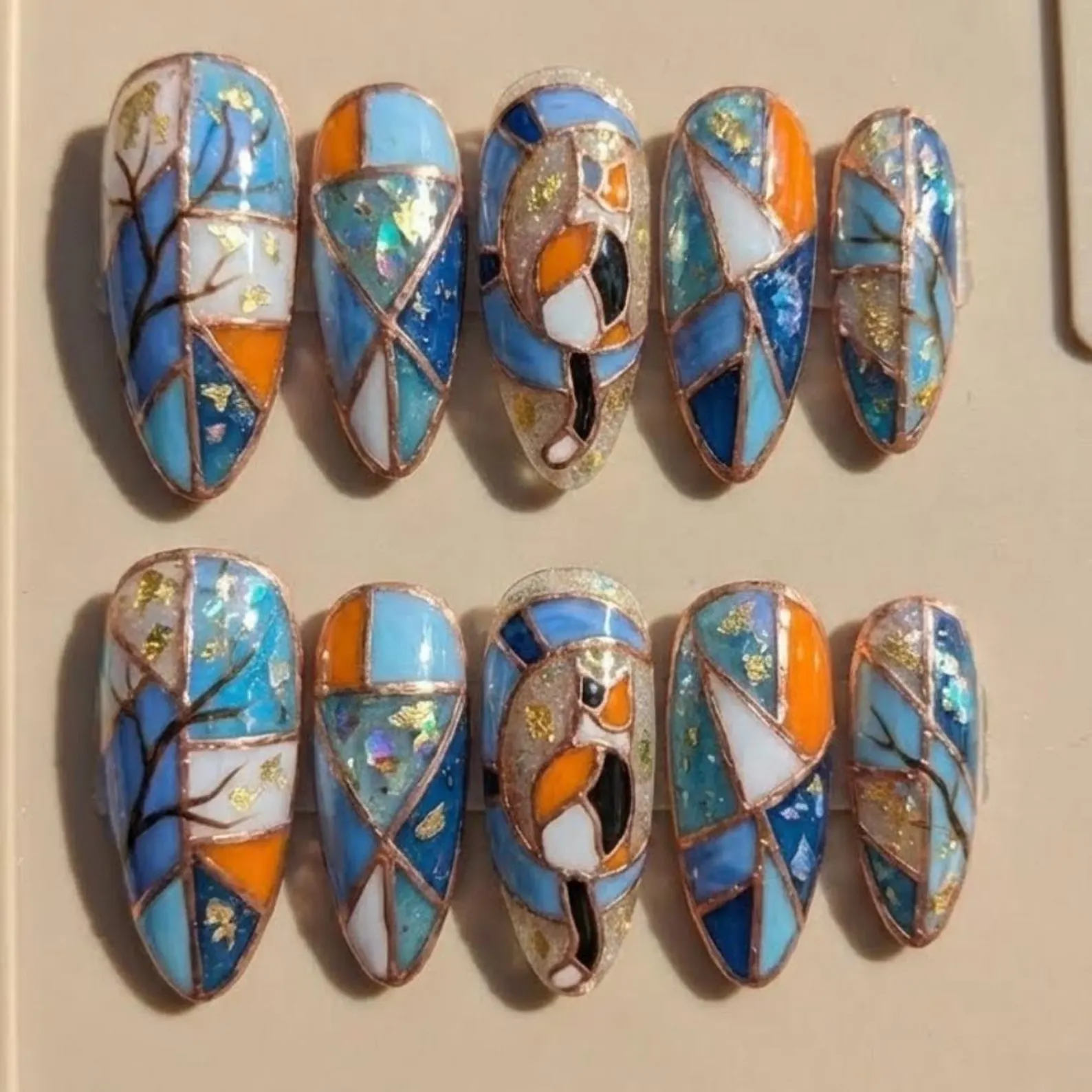 Stained Glass Calico Cat Press On Nails, Art Nouveau Foil Autumn Nails