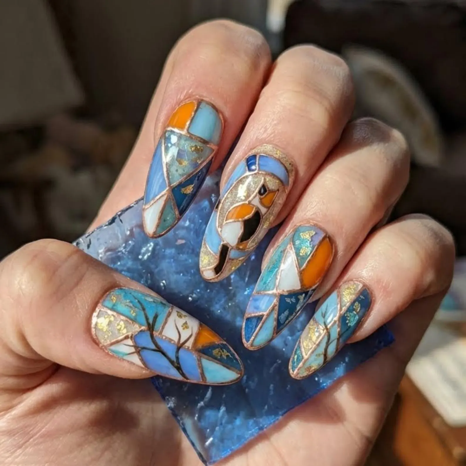 Stained Glass Calico Cat Press On Nails, Art Nouveau Foil Autumn Nails - Media 2