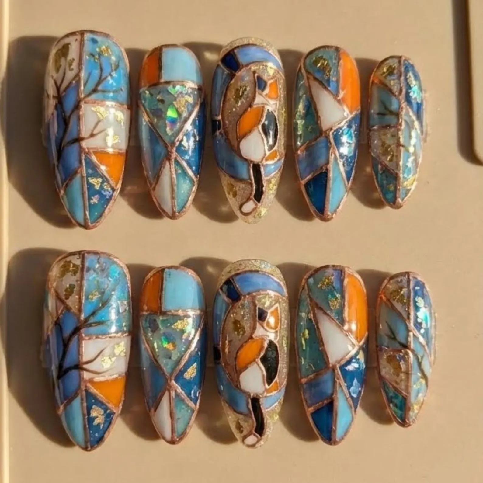 Stained Glass Calico Cat Press On Nails, Art Nouveau Foil Autumn Nails - Media 3