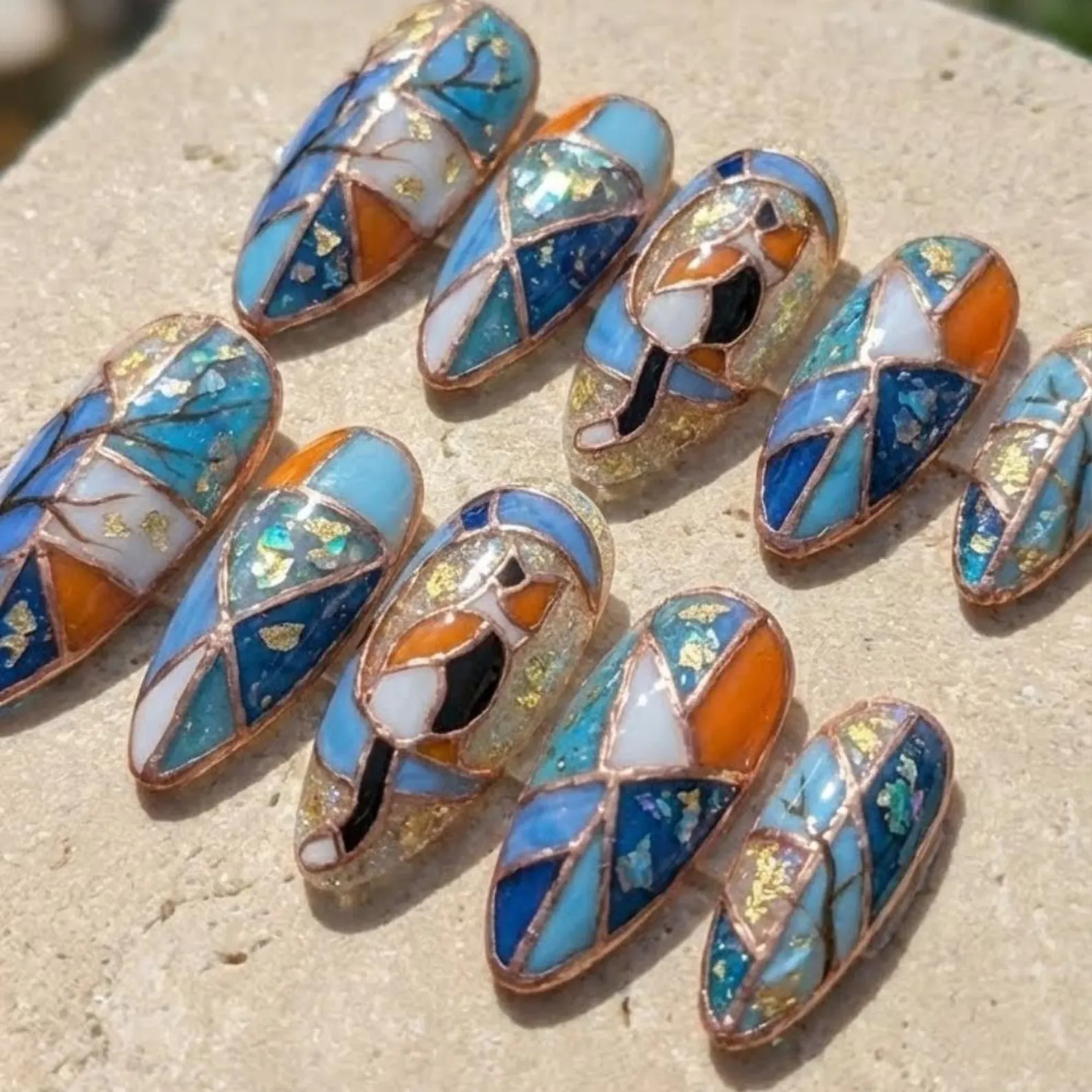 Stained Glass Calico Cat Press On Nails, Art Nouveau Foil Autumn Nails - Media 4