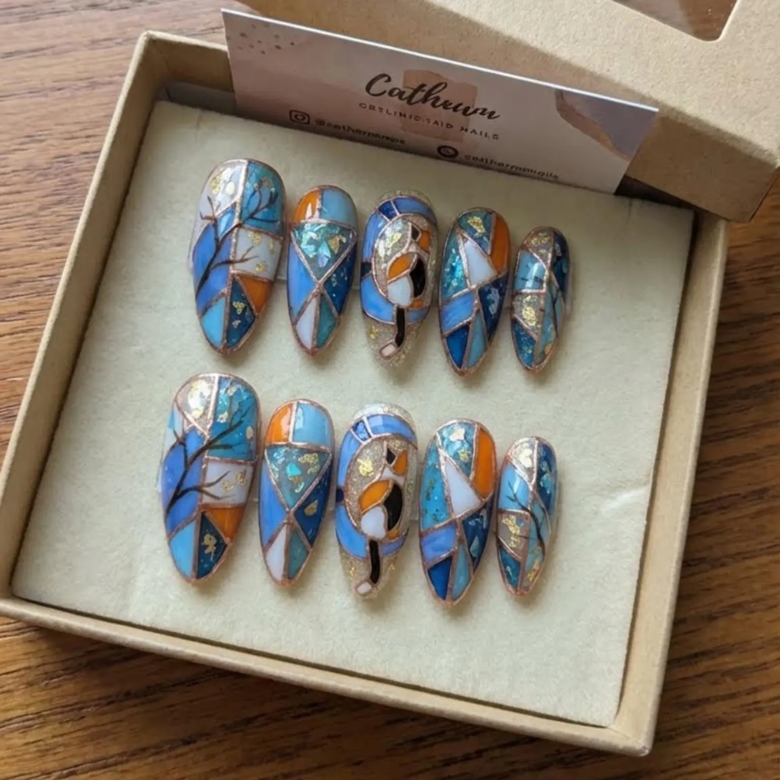 Stained Glass Calico Cat Press On Nails, Art Nouveau Foil Autumn Nails - Media 5