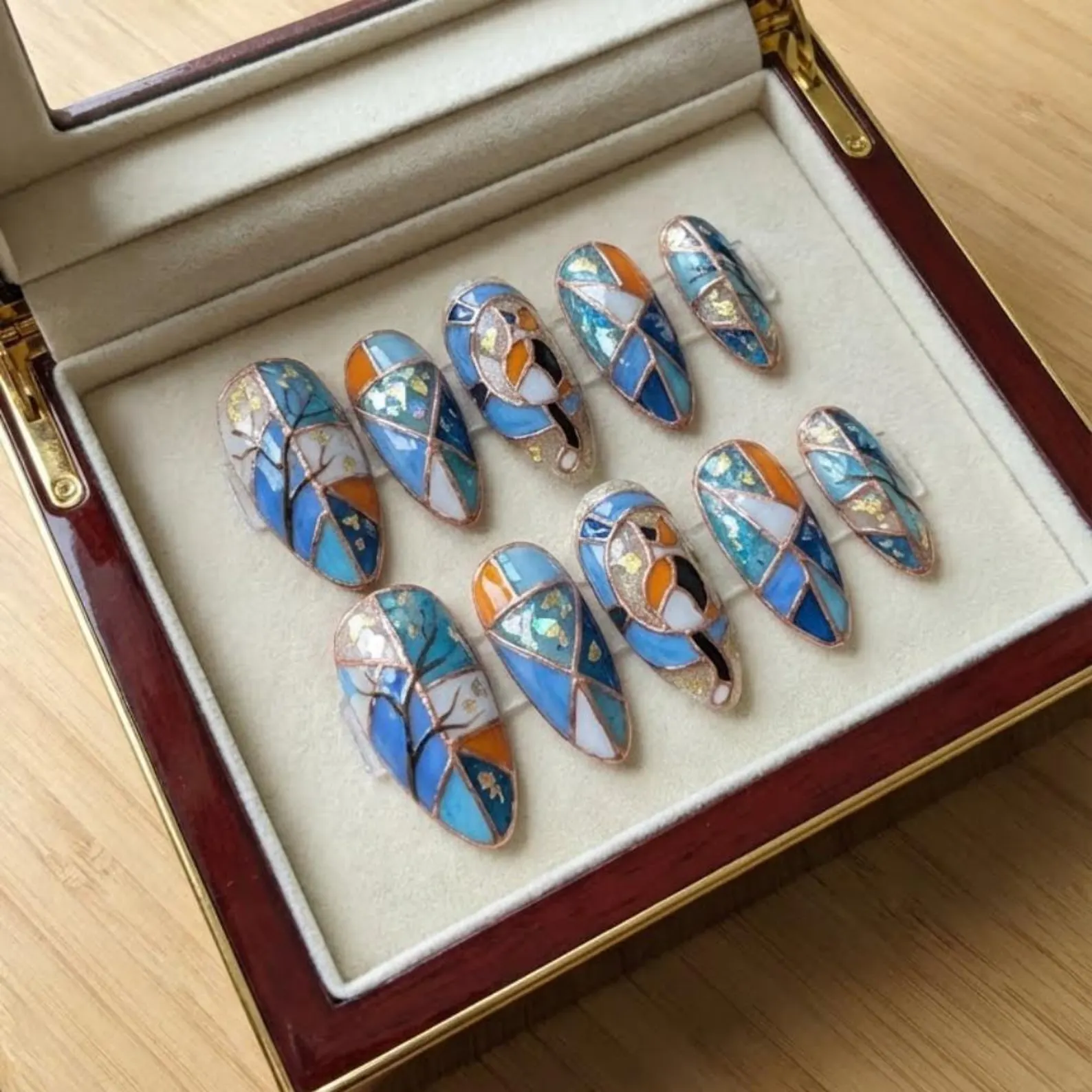 Stained Glass Calico Cat Press On Nails, Art Nouveau Foil Autumn Nails - Media 6