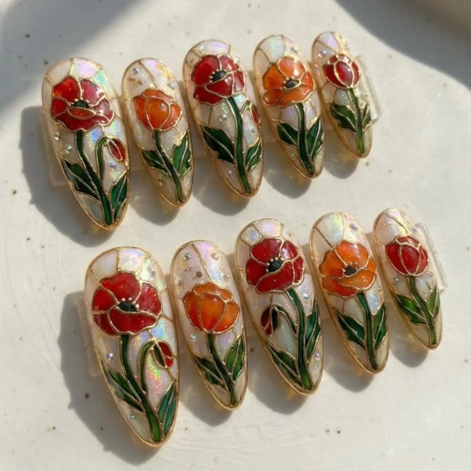 Stained Glass Poppy Press On Nails, 3D Gold Mosaic Floral Art