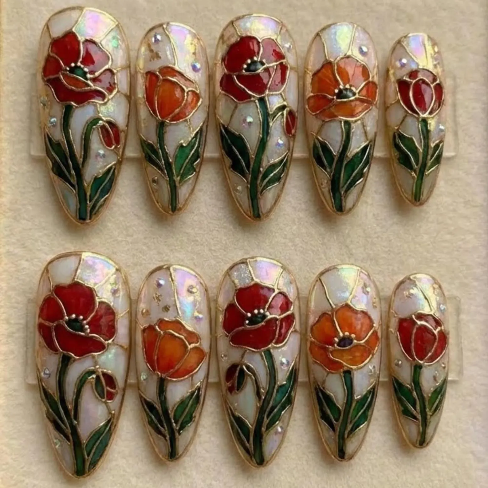 Stained Glass Poppy Press On Nails, 3D Gold Mosaic Floral Art - Media 4