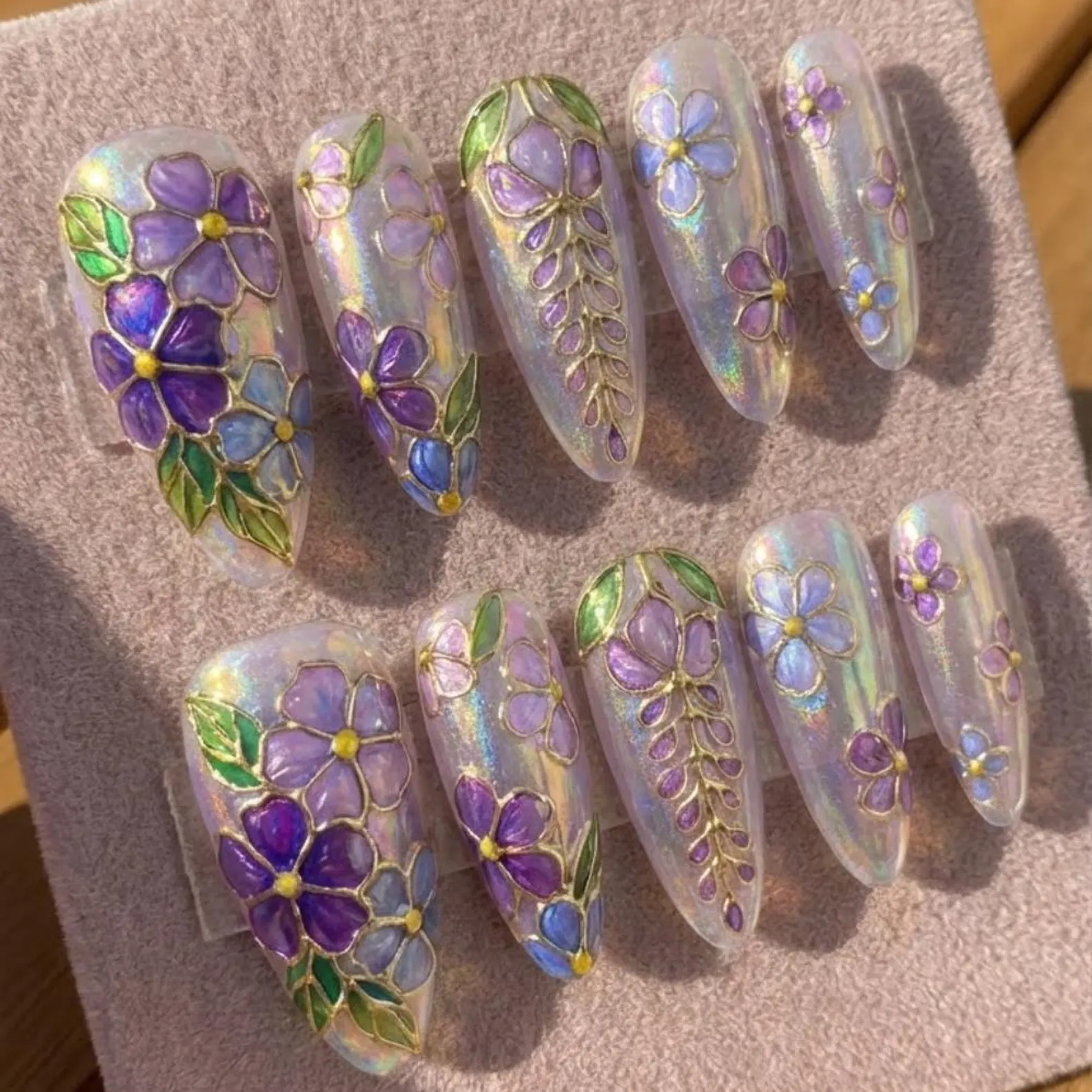 Handmade Purple Wisteria Press On Nails, Iridescent Stained Glass Floral