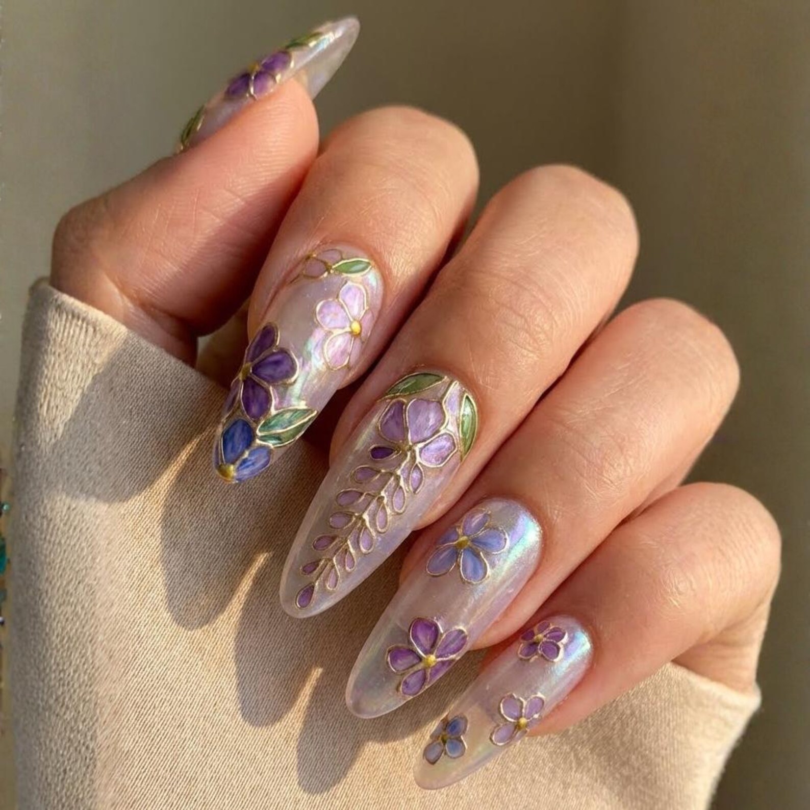 Handmade Purple Wisteria Press On Nails, Iridescent Stained Glass Floral - Media 2