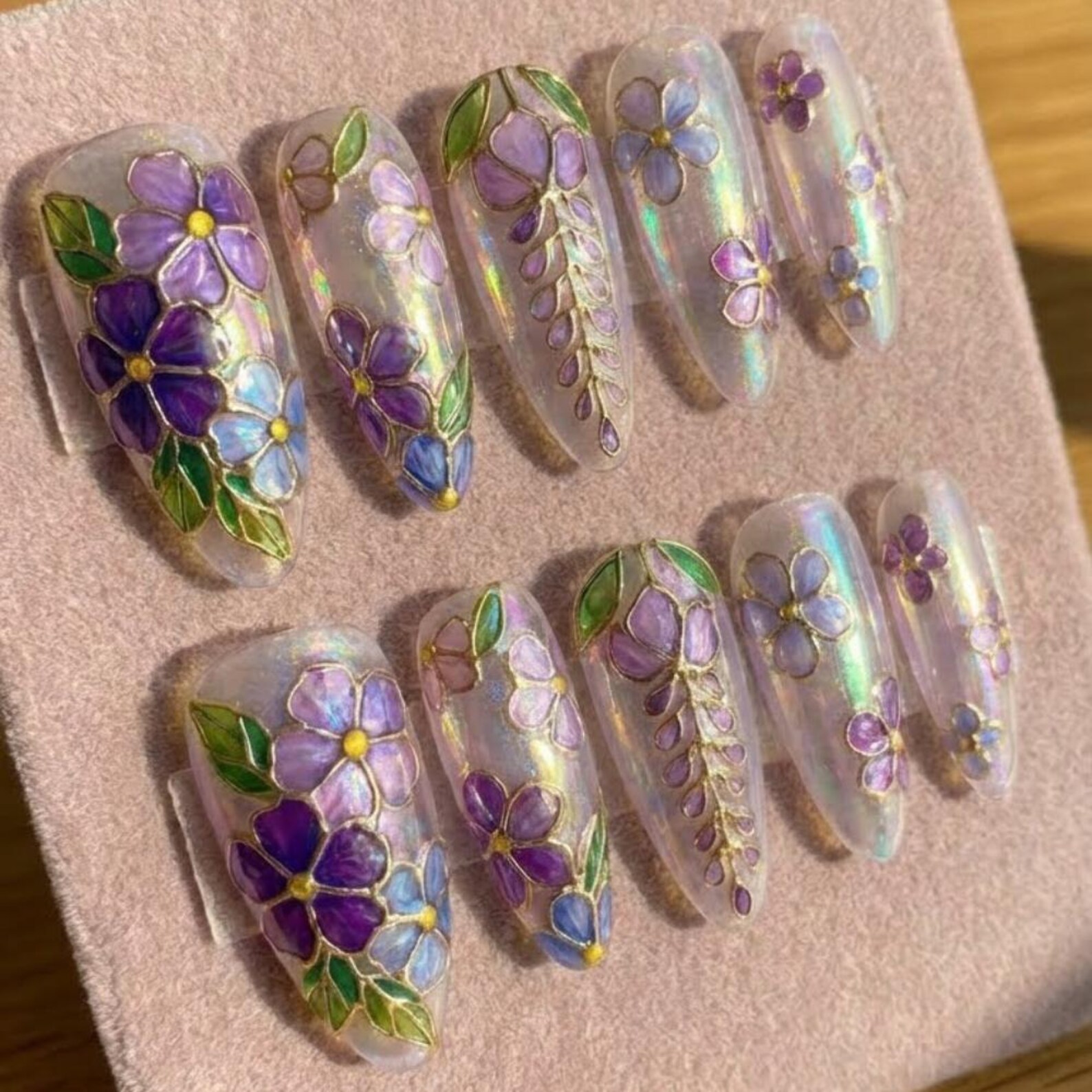 Handmade Purple Wisteria Press On Nails, Iridescent Stained Glass Floral - Media 3