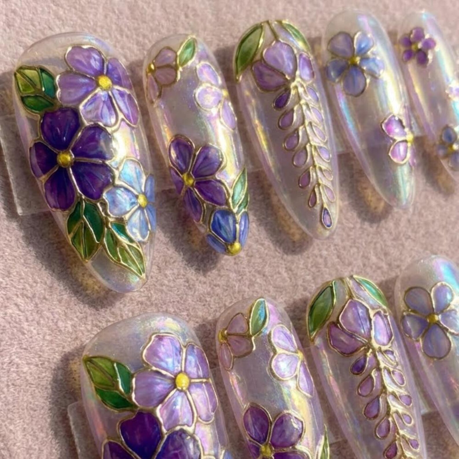 Handmade Purple Wisteria Press On Nails, Iridescent Stained Glass Floral - Media 4