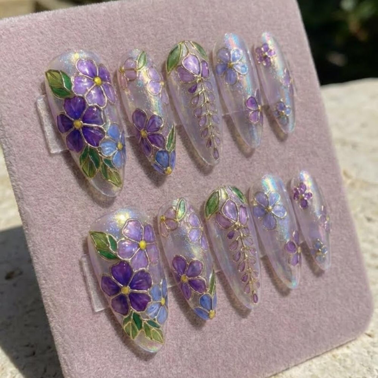 Handmade Purple Wisteria Press On Nails, Iridescent Stained Glass Floral - Media 5