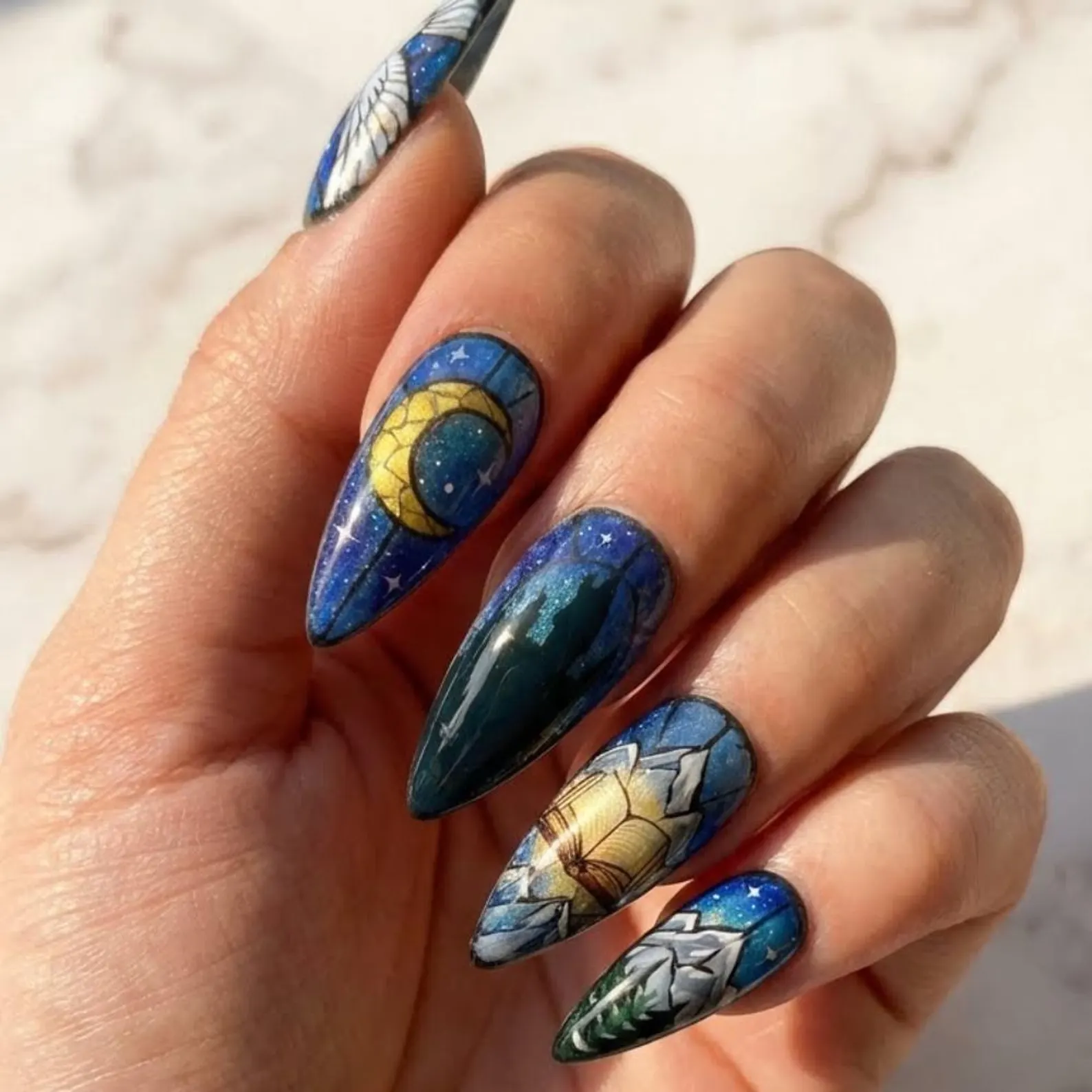 Stained Glass Press On Nails, Hand-Painted Snowy Owl, Magic Book - Media 2