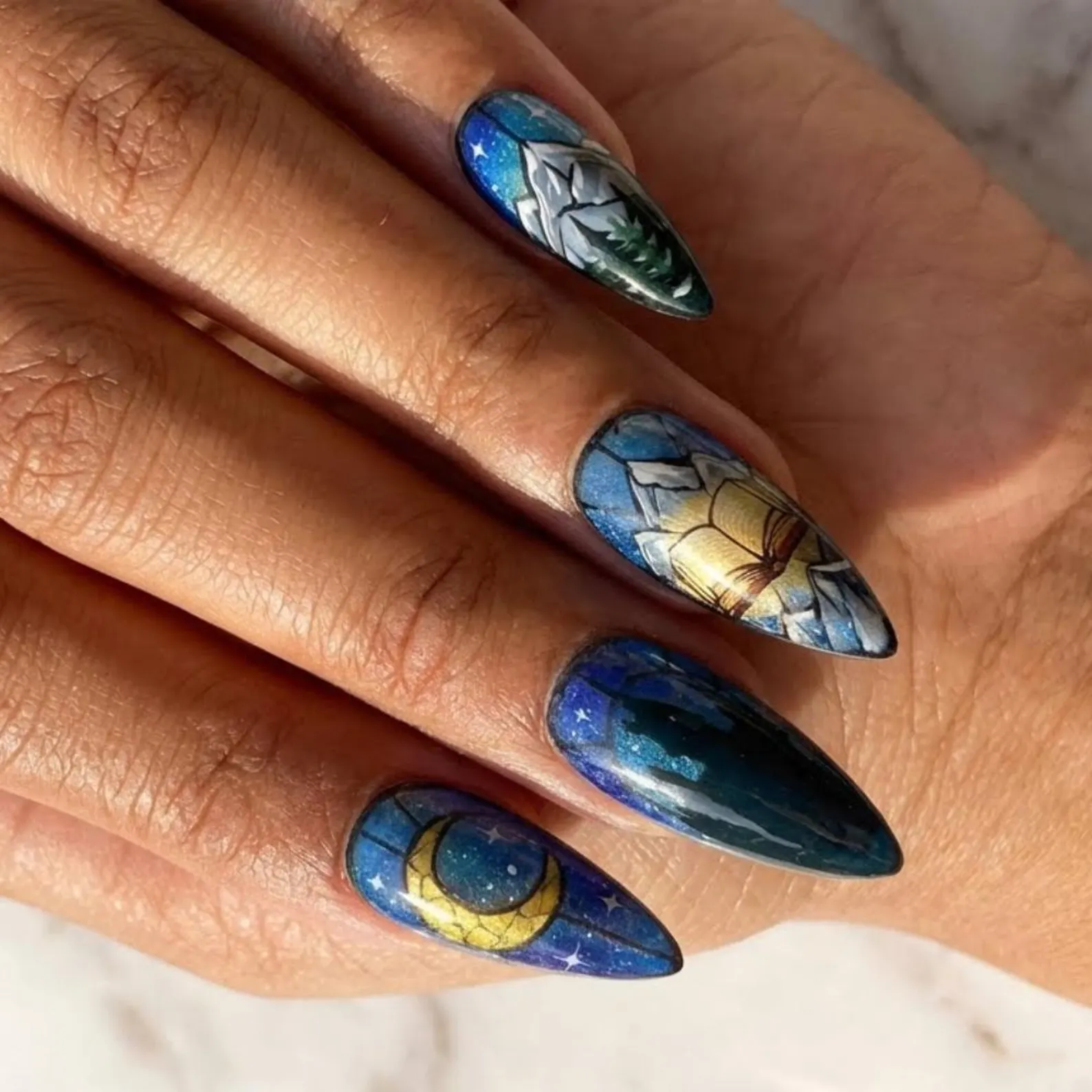 Stained Glass Press On Nails, Hand-Painted Snowy Owl, Magic Book - Media 3