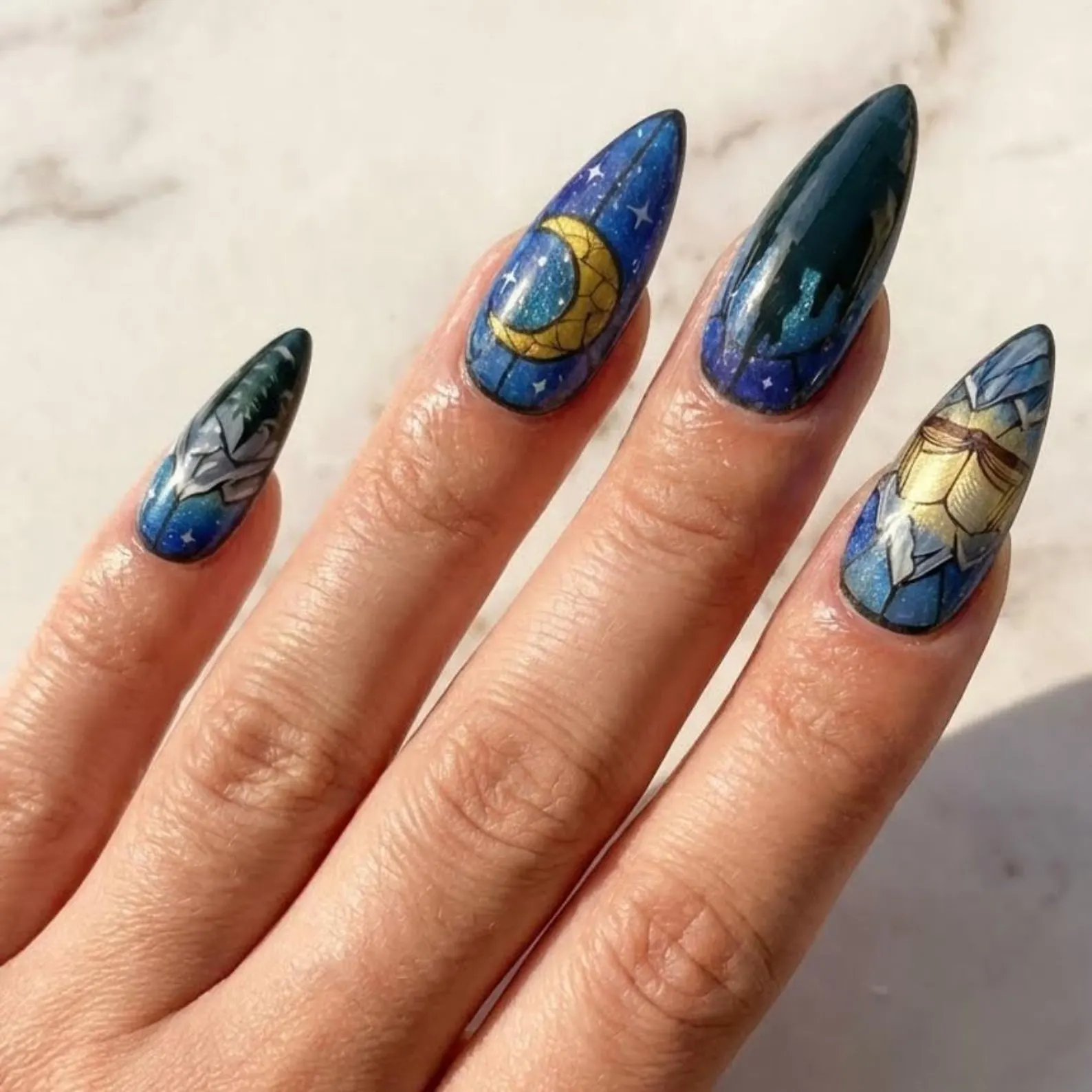Stained Glass Press On Nails, Hand-Painted Snowy Owl, Magic Book - Media 4