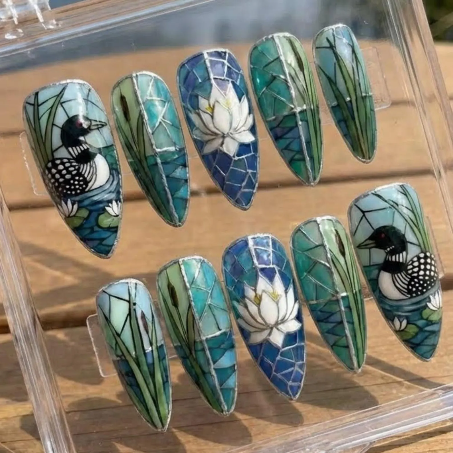Stained Glass Loon Press On Nails, Hand-Painted Lake Life Reusable False Nails