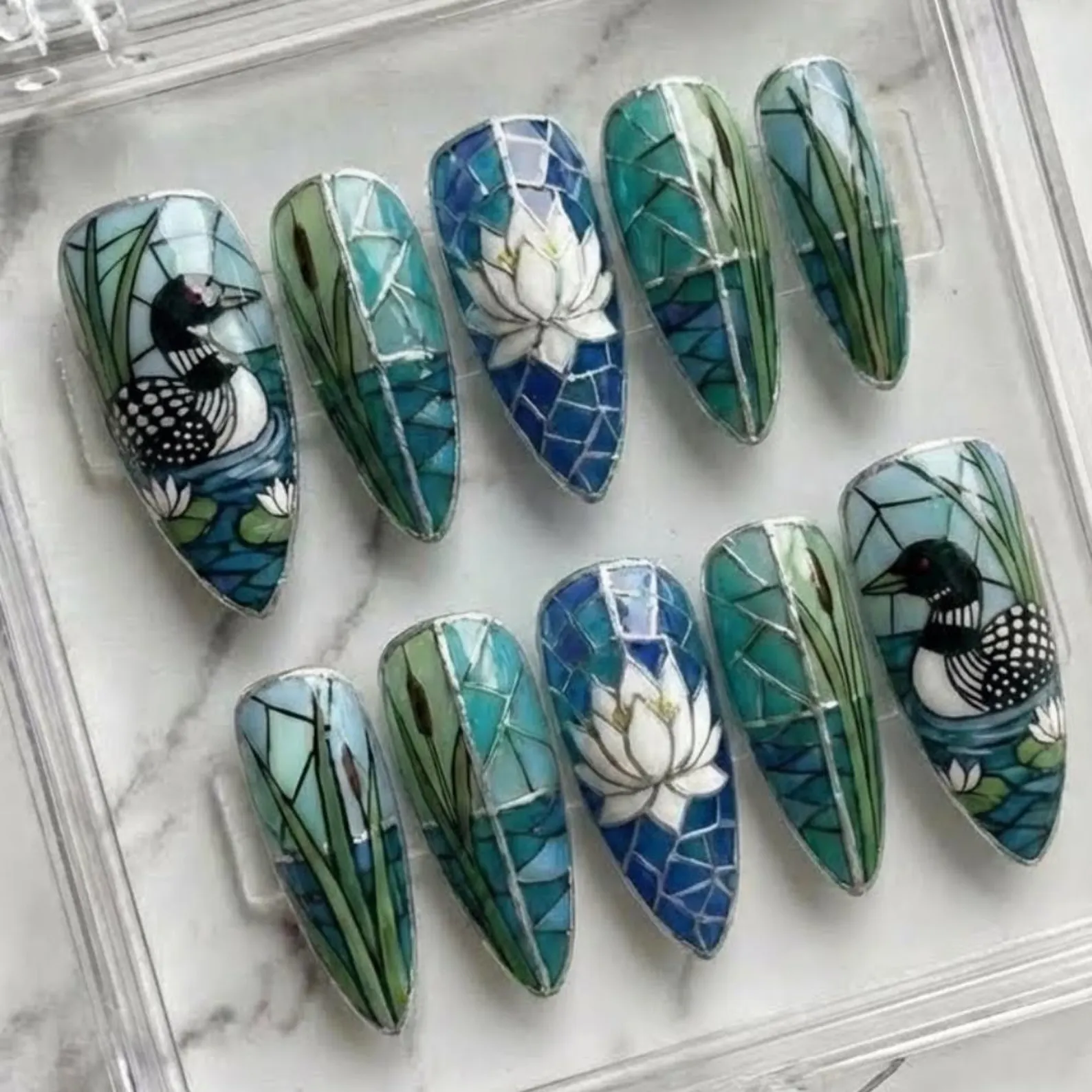 Stained Glass Loon Press On Nails, Hand-Painted Lake Life Reusable False Nails - Media 3