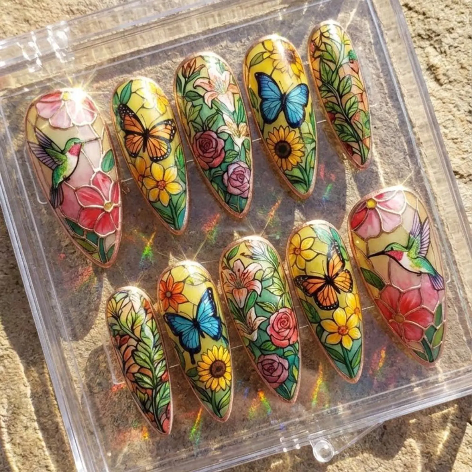 Stained Glass Hummingbird Butterfly Press On Nails, Hand-Painted Floral Nail Art