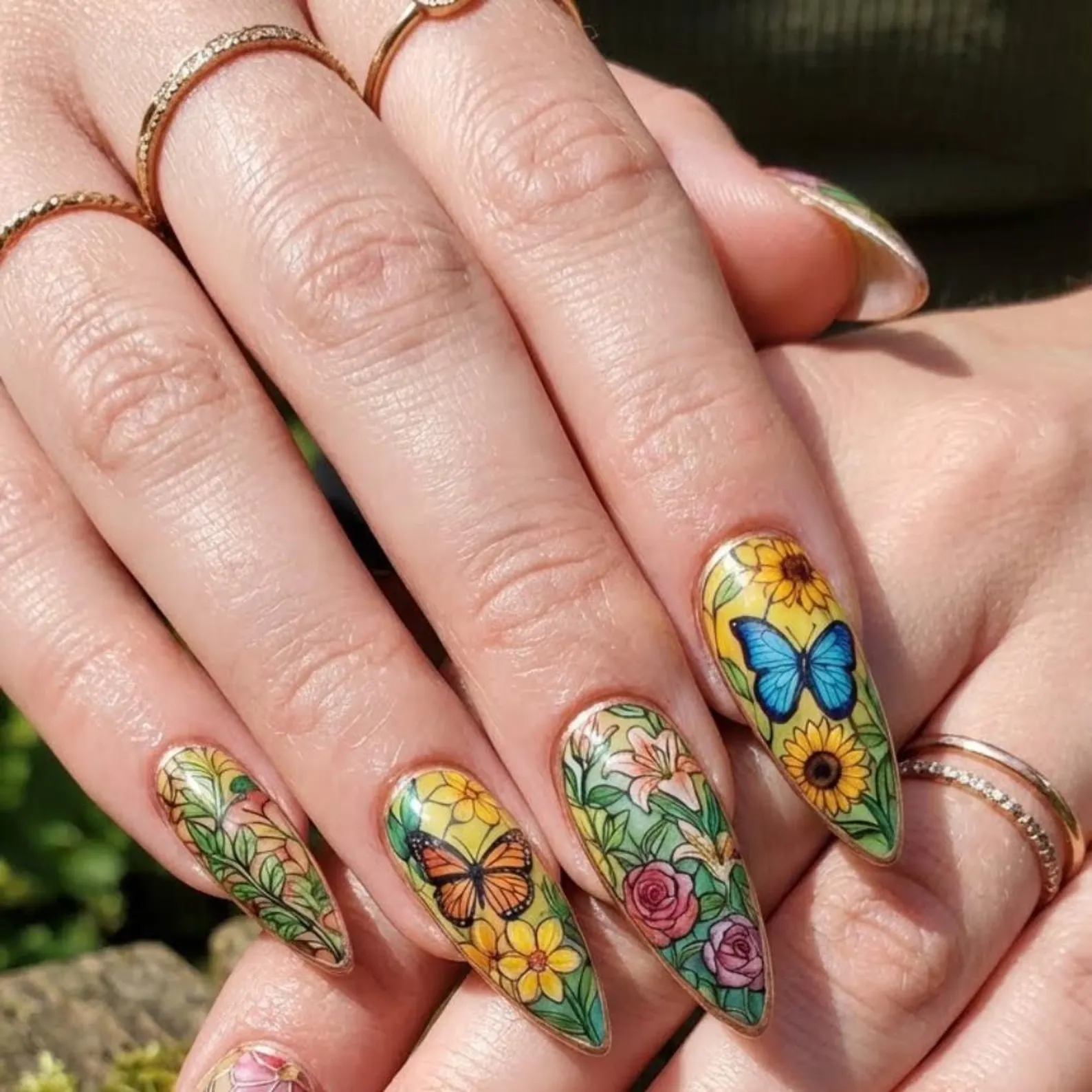 Stained Glass Hummingbird Butterfly Press On Nails, Hand-Painted Floral Nail Art - Media 2