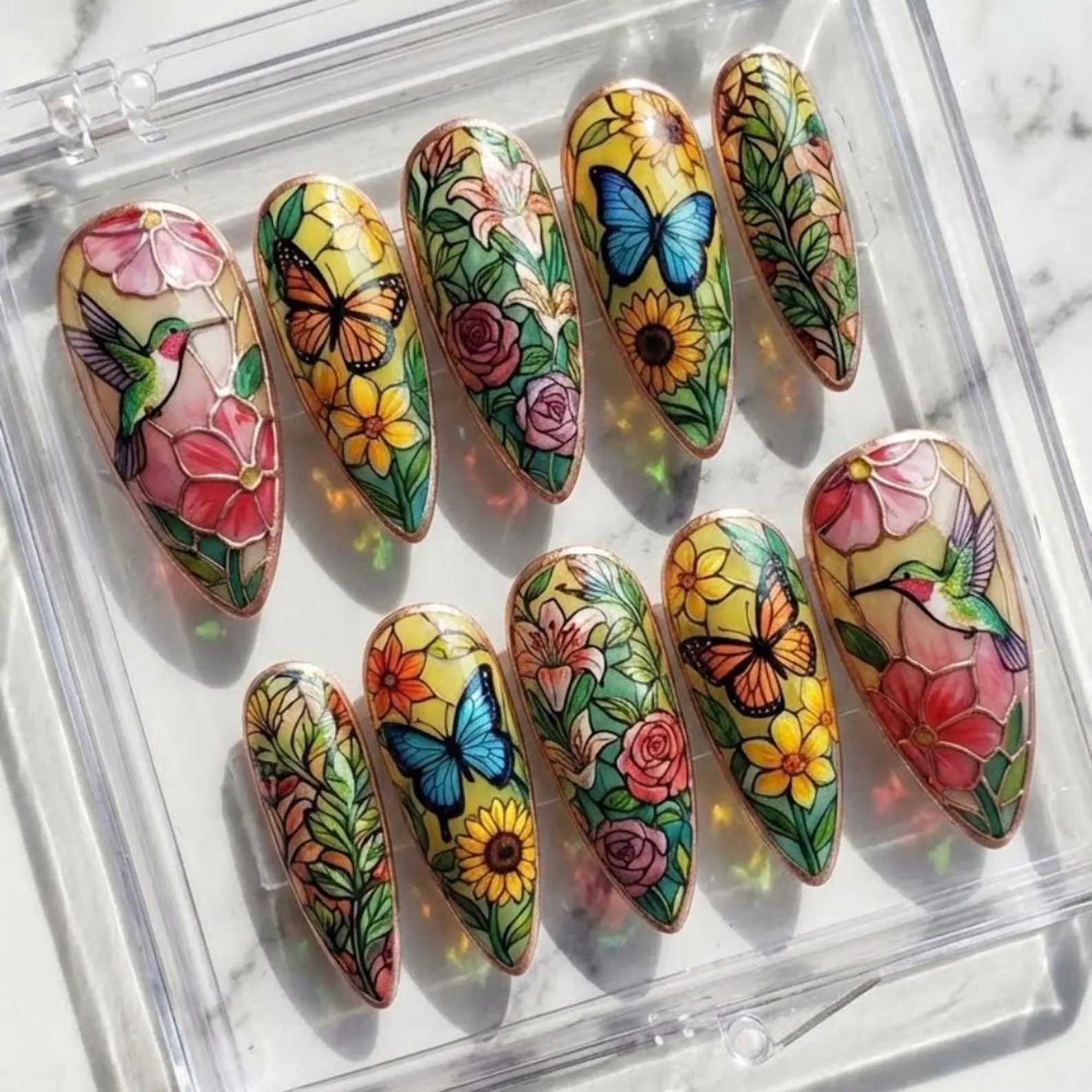 Stained Glass Hummingbird Butterfly Press On Nails, Hand-Painted Floral Nail Art - Media 4