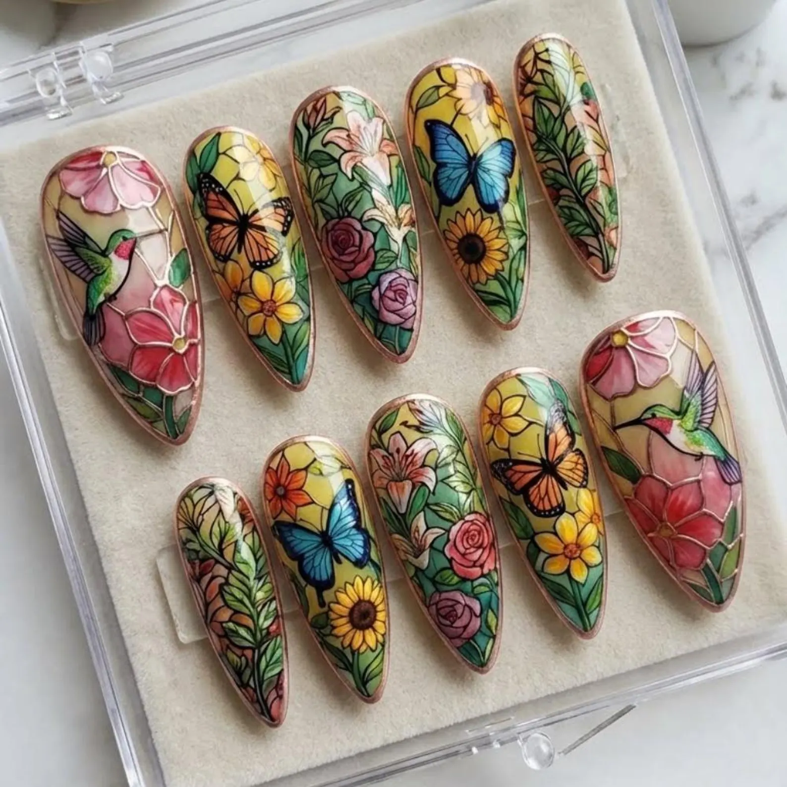 Stained Glass Hummingbird Butterfly Press On Nails, Hand-Painted Floral Nail Art - Media 5
