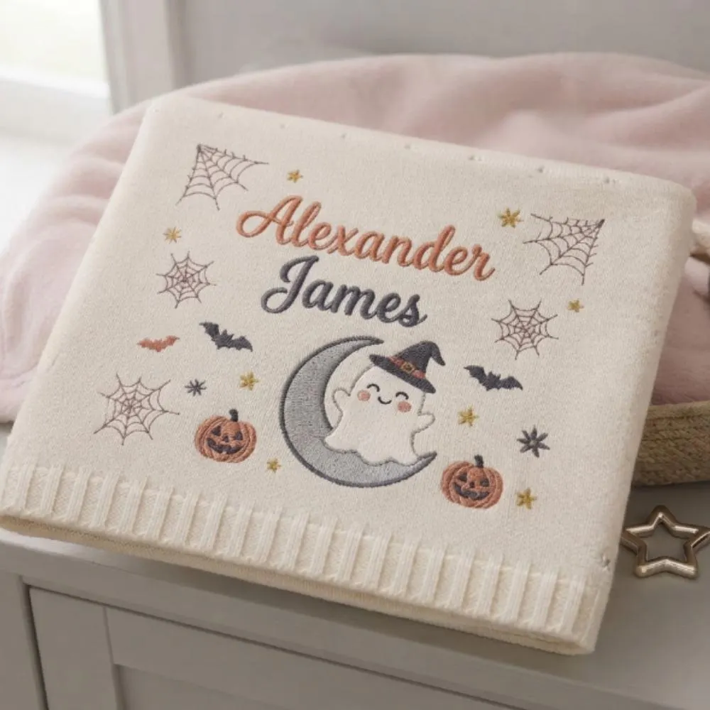 Personalized Halloween Baby Blanket, Custom Name Embroidered Knit Blanket, Baby's First Halloween Gift, Spooky Sweet Ghost YB1603 - Media 2