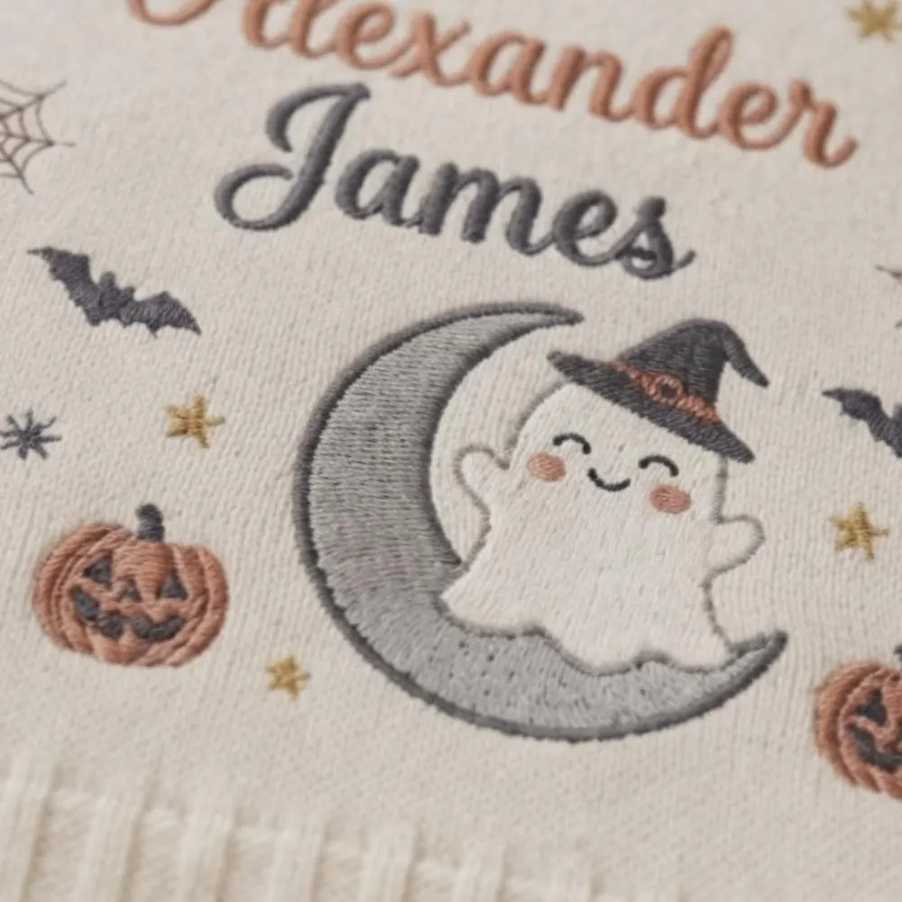 Personalized Halloween Baby Blanket, Custom Name Embroidered Knit Blanket, Baby's First Halloween Gift, Spooky Sweet Ghost YB1603 - Media 3