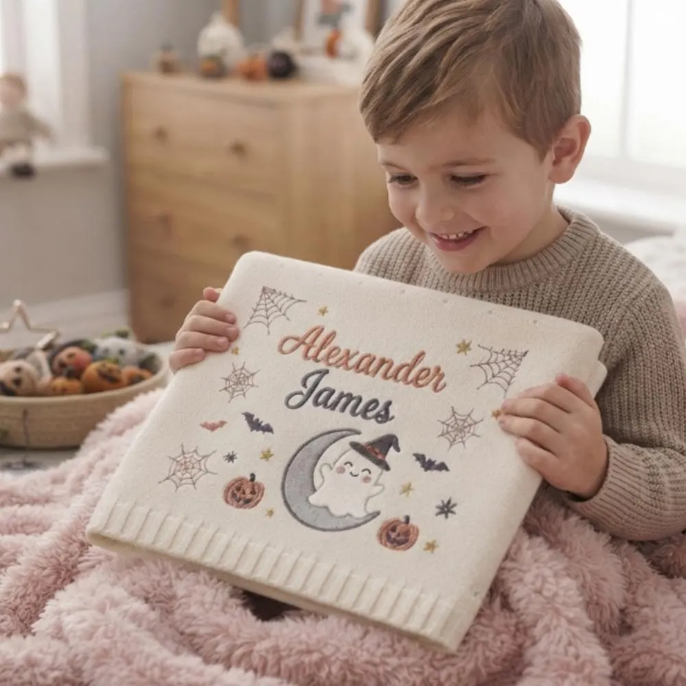 Personalized Halloween Baby Blanket, Custom Name Embroidered Knit Blanket, Baby's First Halloween Gift, Spooky Sweet Ghost YB1603 - Media 4