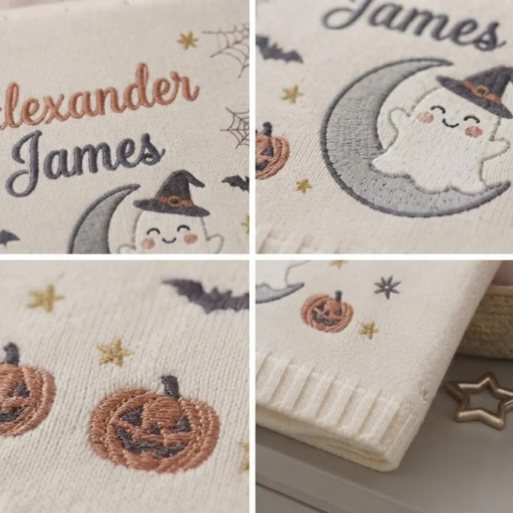 Personalized Halloween Baby Blanket, Custom Name Embroidered Knit Blanket, Baby's First Halloween Gift, Spooky Sweet Ghost YB1603 - Media 5