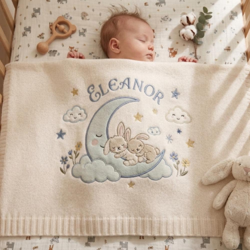 Personalized Baby Blanket with Name, Custom Embroidered Knitted Blanket for Newborn, Moon and Bunny Nursery Decor YB1603