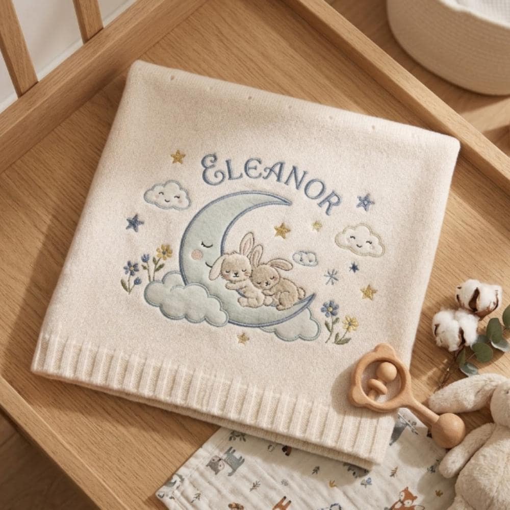 Personalized Baby Blanket with Name, Custom Embroidered Knitted Blanket for Newborn, Moon and Bunny Nursery Decor YB1603 - Media 2