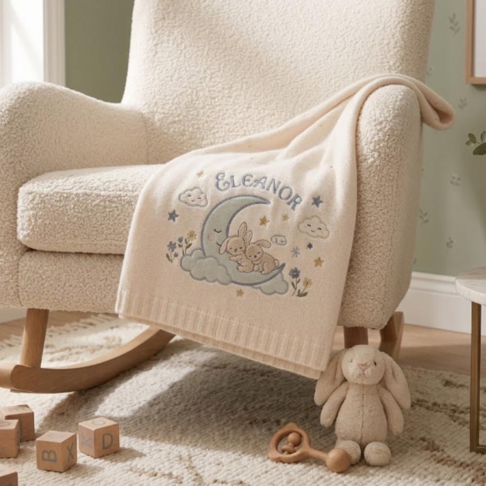 Personalized Baby Blanket with Name, Custom Embroidered Knitted Blanket for Newborn, Moon and Bunny Nursery Decor YB1603 - Media 3