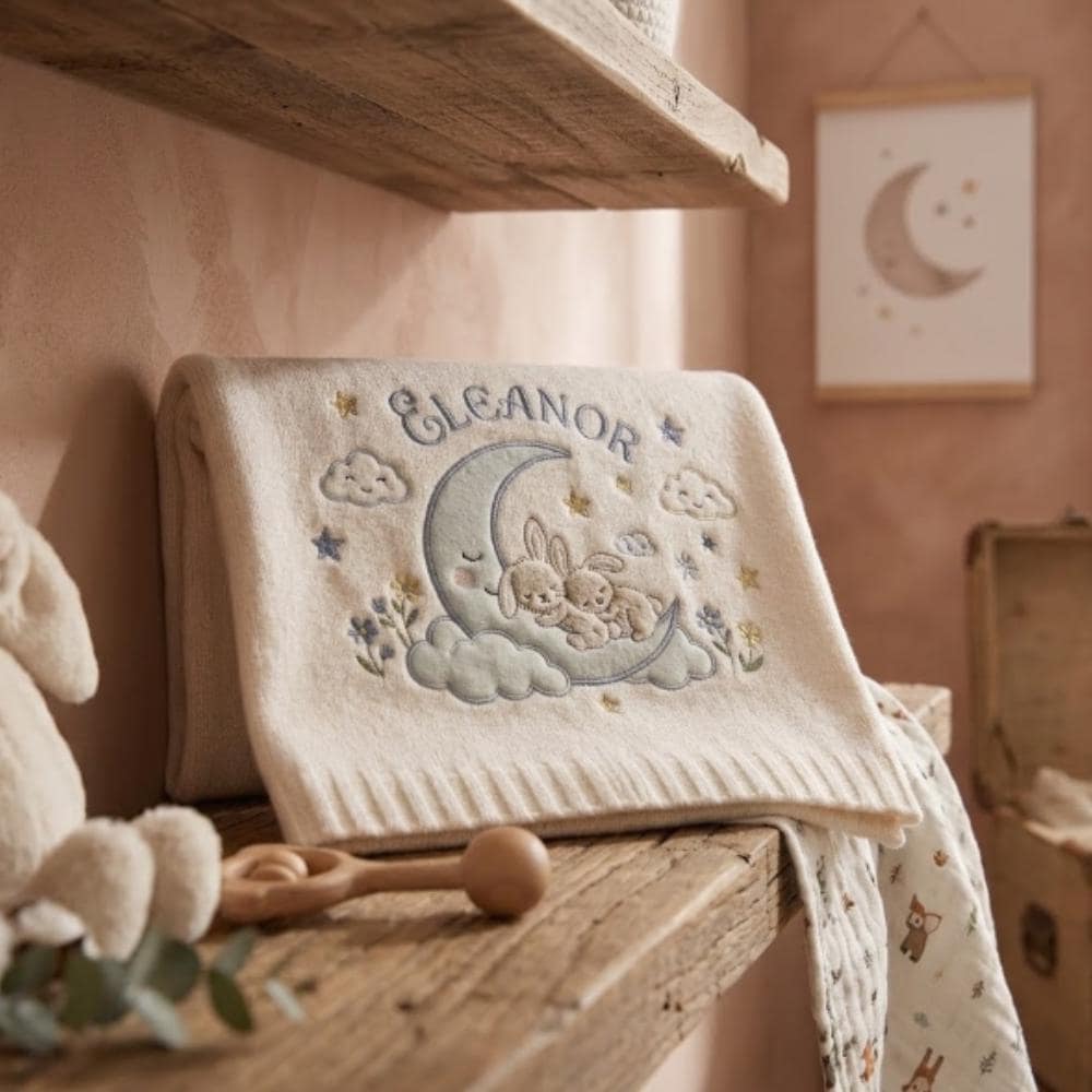 Personalized Baby Blanket with Name, Custom Embroidered Knitted Blanket for Newborn, Moon and Bunny Nursery Decor YB1603 - Media 4