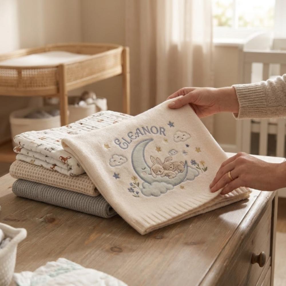 Personalized Baby Blanket with Name, Custom Embroidered Knitted Blanket for Newborn, Moon and Bunny Nursery Decor YB1603 - Media 5