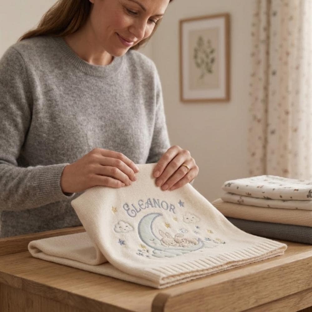 Personalized Baby Blanket with Name, Custom Embroidered Knitted Blanket for Newborn, Moon and Bunny Nursery Decor YB1603 - Media 6