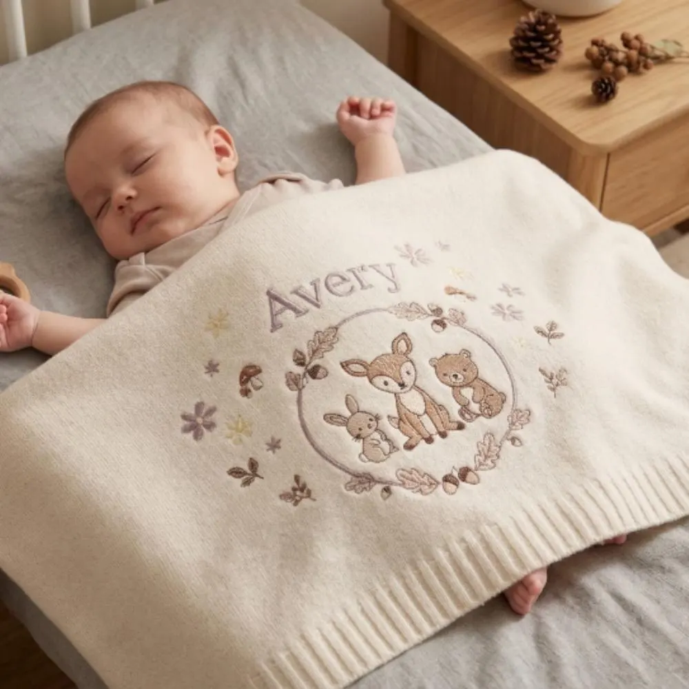 Personalized Baby Blanket, Custom Name Embroidered Woodland Animals, Deer Bunny Bear Nursery Decor, Forest Theme Blanket YB1603