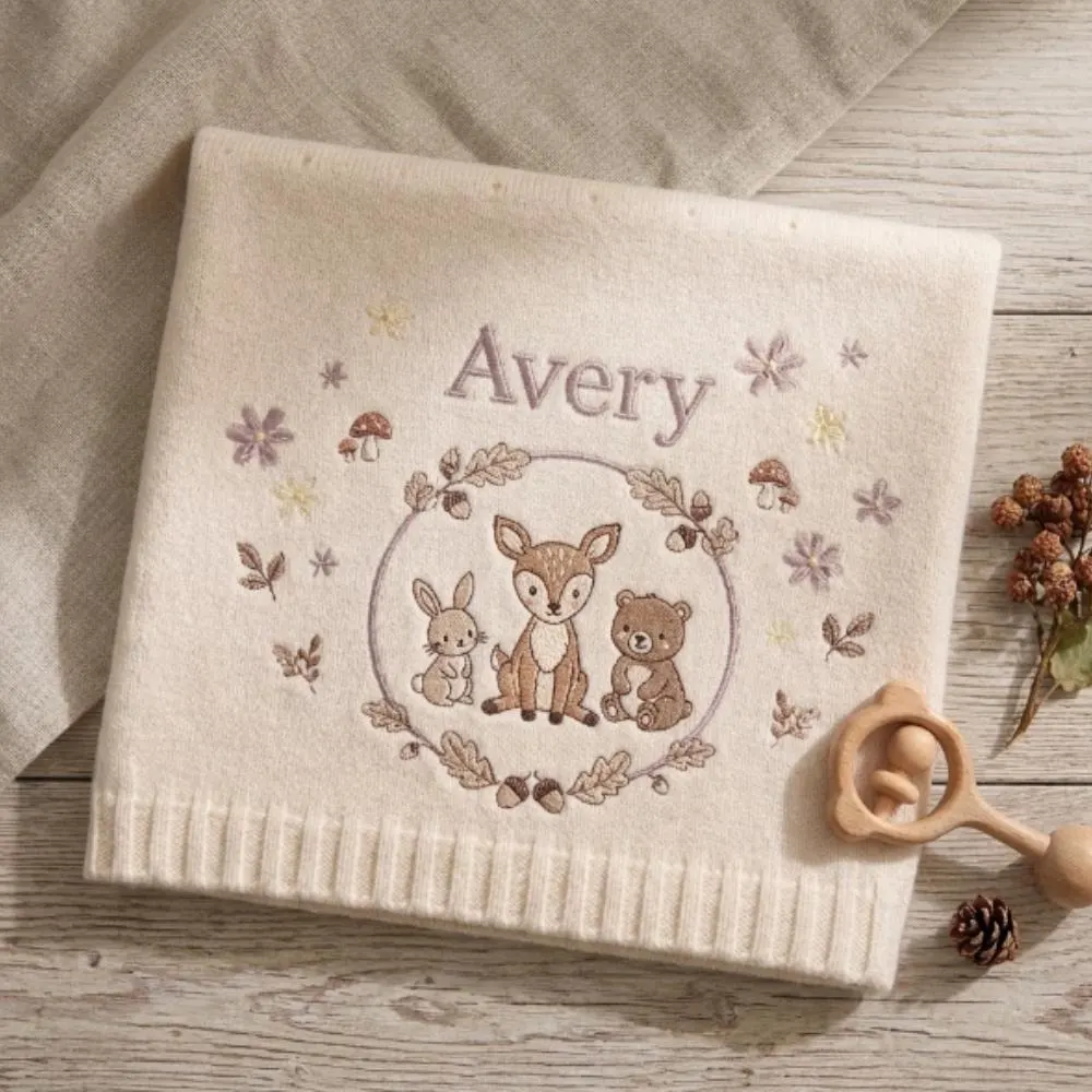 Personalized Baby Blanket, Custom Name Embroidered Woodland Animals, Deer Bunny Bear Nursery Decor, Forest Theme Blanket YB1603 - Media 2