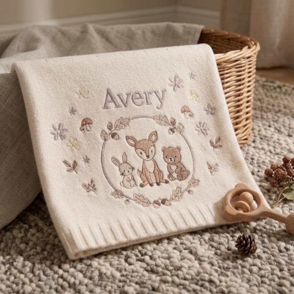 Personalized Baby Blanket, Custom Name Embroidered Woodland Animals, Deer Bunny Bear Nursery Decor, Forest Theme Blanket YB1603 - Media 3