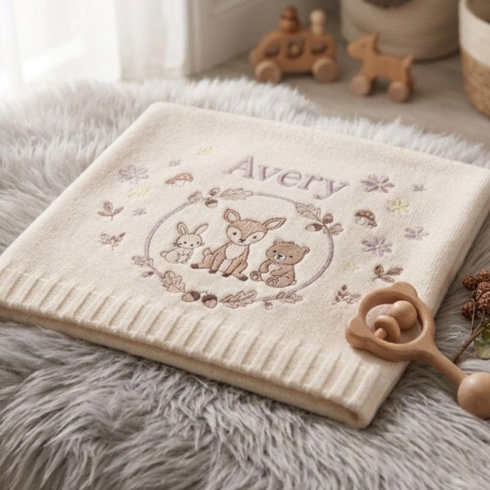 Personalized Baby Blanket, Custom Name Embroidered Woodland Animals, Deer Bunny Bear Nursery Decor, Forest Theme Blanket YB1603 - Media 4