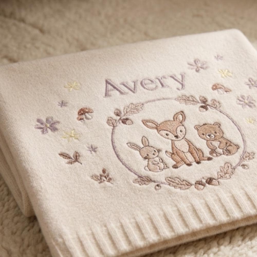 Personalized Baby Blanket, Custom Name Embroidered Woodland Animals, Deer Bunny Bear Nursery Decor, Forest Theme Blanket YB1603 - Media 5