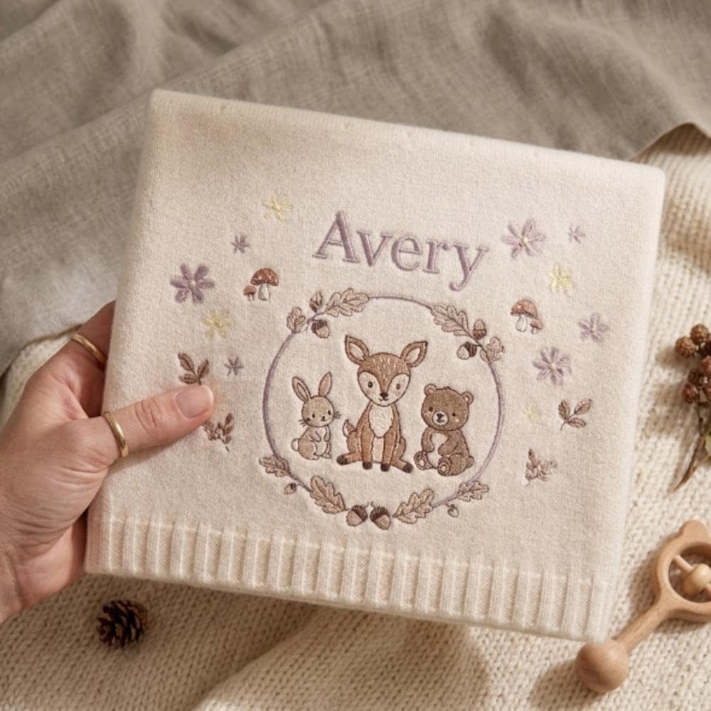 Personalized Baby Blanket, Custom Name Embroidered Woodland Animals, Deer Bunny Bear Nursery Decor, Forest Theme Blanket YB1603 - Media 6