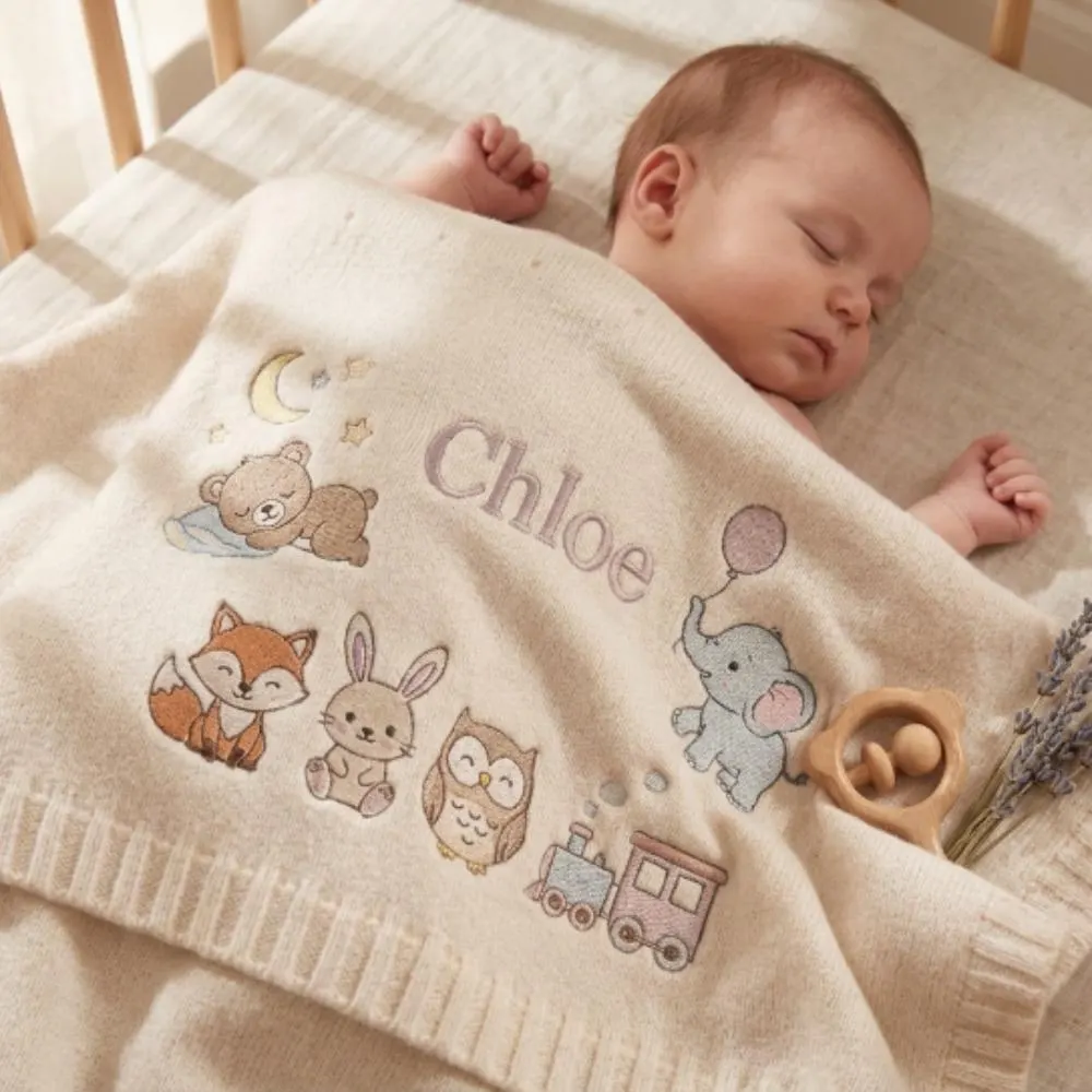 Personalized Baby Blanket with Name, Custom Embroidered Woodland Animals, Soft Knit Newborn Gift, Elephant Fox Bear Owl Train Decor YB1603