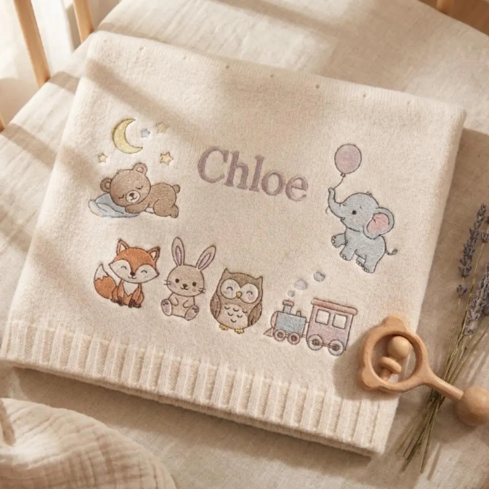 Personalized Baby Blanket with Name, Custom Embroidered Woodland Animals, Soft Knit Newborn Gift, Elephant Fox Bear Owl Train Decor YB1603 - Media 2