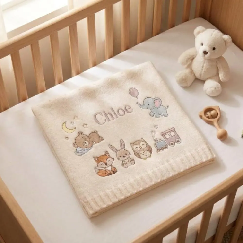 Personalized Baby Blanket with Name, Custom Embroidered Woodland Animals, Soft Knit Newborn Gift, Elephant Fox Bear Owl Train Decor YB1603 - Media 3
