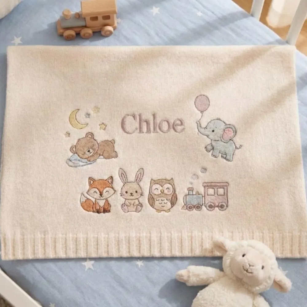 Personalized Baby Blanket with Name, Custom Embroidered Woodland Animals, Soft Knit Newborn Gift, Elephant Fox Bear Owl Train Decor YB1603 - Media 4