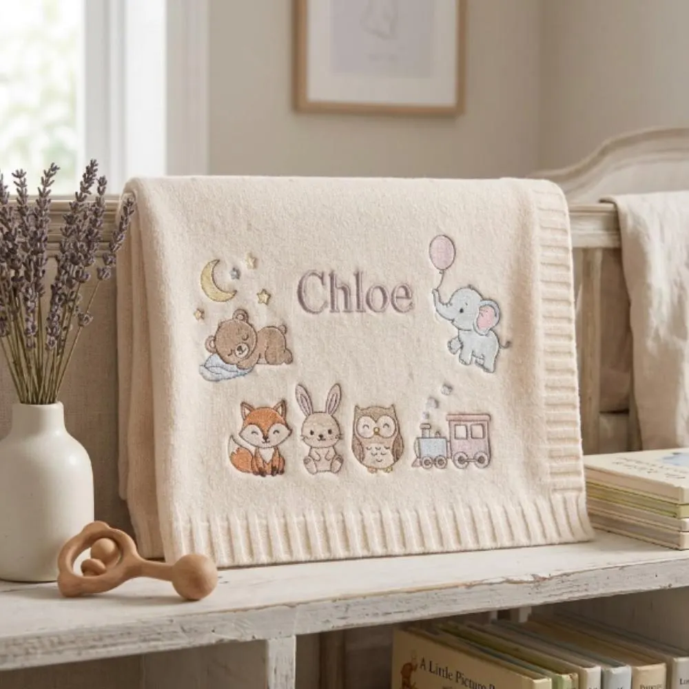 Personalized Baby Blanket with Name, Custom Embroidered Woodland Animals, Soft Knit Newborn Gift, Elephant Fox Bear Owl Train Decor YB1603 - Media 5