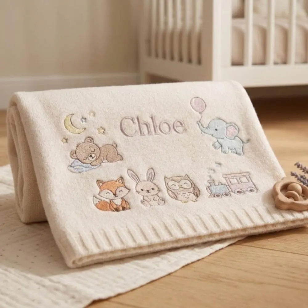 Personalized Baby Blanket with Name, Custom Embroidered Woodland Animals, Soft Knit Newborn Gift, Elephant Fox Bear Owl Train Decor YB1603 - Media 6