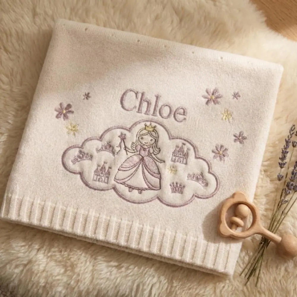 Personalized Baby Blanket, Custom Name Blanket, Embroidered Princess & Castle, Soft Knit Newborn Gift, Baby Girl Shower Gift YB1603 - Media 2