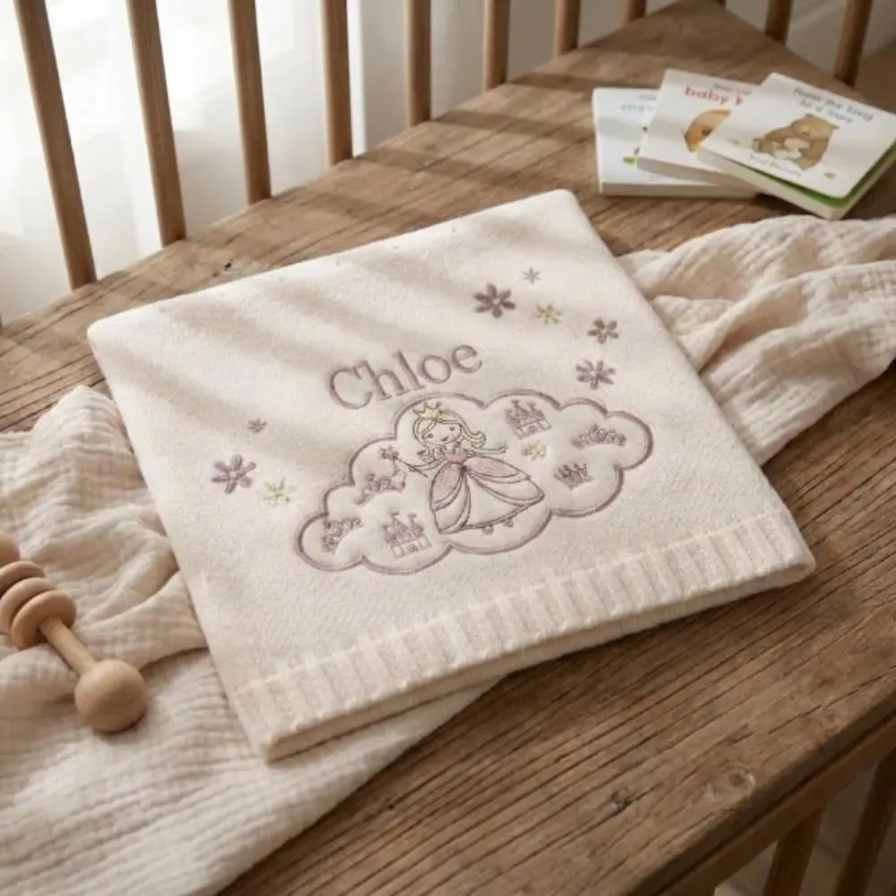 Personalized Baby Blanket, Custom Name Blanket, Embroidered Princess & Castle, Soft Knit Newborn Gift, Baby Girl Shower Gift YB1603 - Media 4