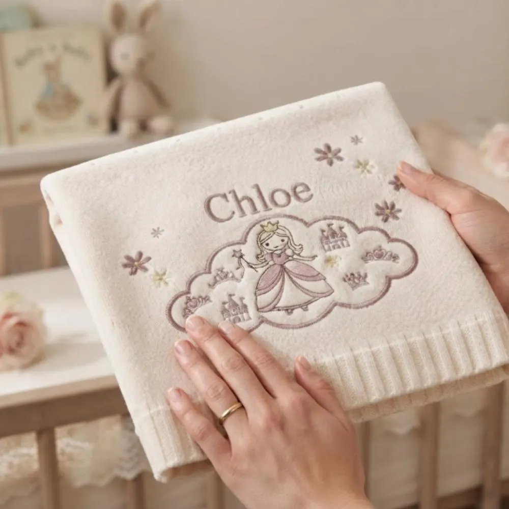 Personalized Baby Blanket, Custom Name Blanket, Embroidered Princess & Castle, Soft Knit Newborn Gift, Baby Girl Shower Gift YB1603 - Media 5
