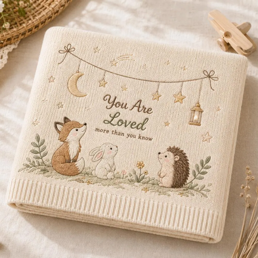 You Are Loved Baby Blanket, Woodland Animal Embroidered Knit Throw, Fox Bunny Hedgehog Nursery Decor, Gender Neutral Newborn Gift YB1603