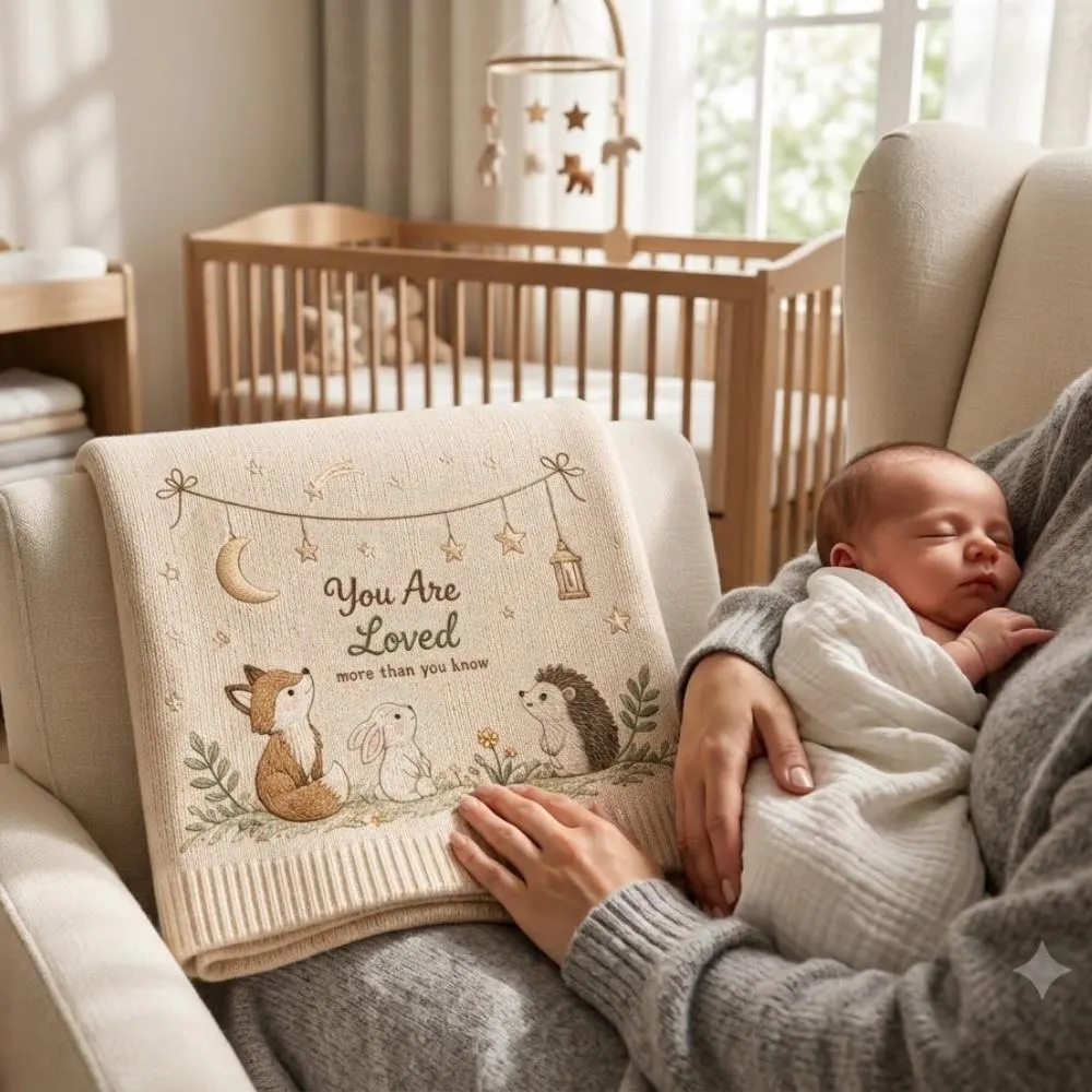 You Are Loved Baby Blanket, Woodland Animal Embroidered Knit Throw, Fox Bunny Hedgehog Nursery Decor, Gender Neutral Newborn Gift YB1603 - Media 2